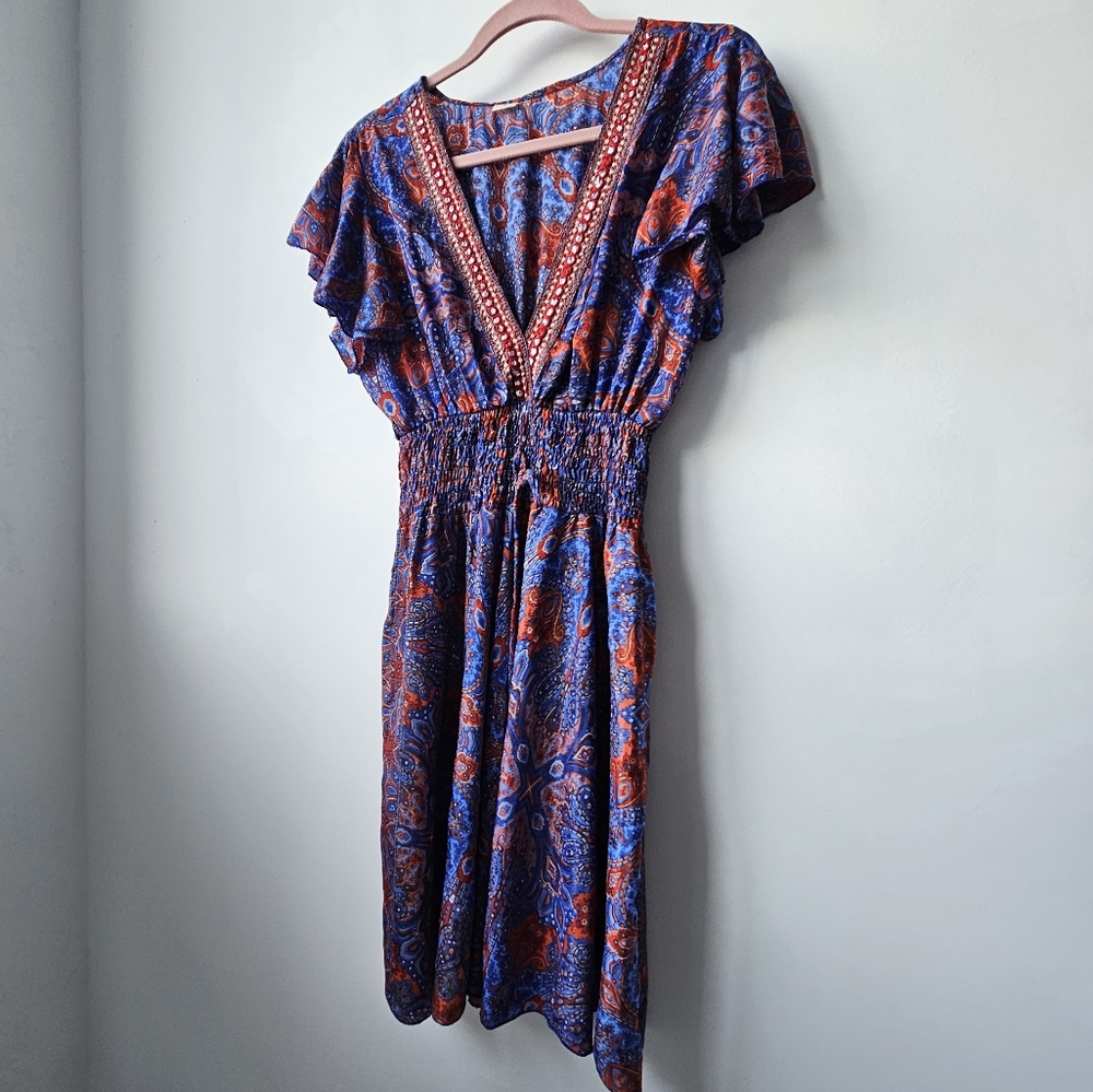 Art Silk Made In India Purple & Red Jeweled Smoked Boho Flutter Sleeve Dress - Picture 3 of 14